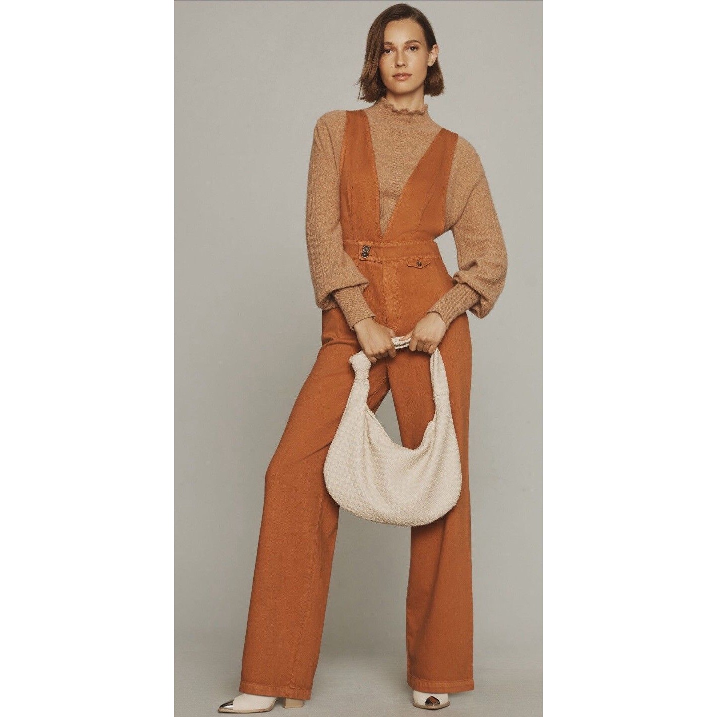 Anthropologie Pilcro Jumpsuit Women Mango Denim Deep V Retro Boho Size 32 Nwt